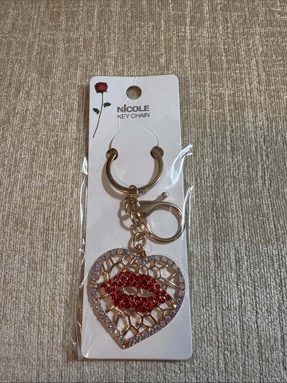 Nicole Gold-Tone Heart Keychain with Red Crystal Lip Accent
